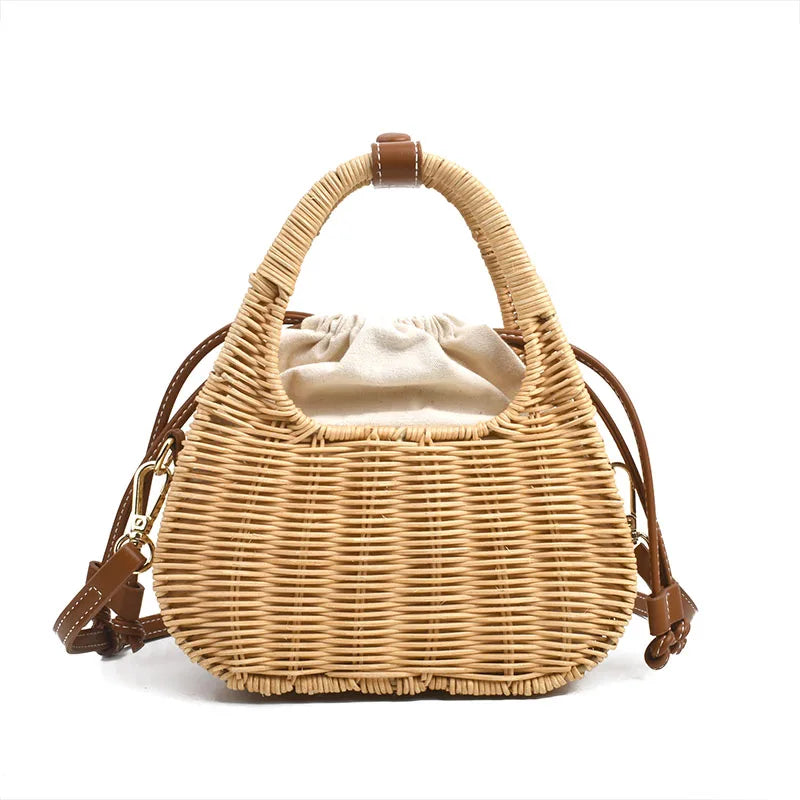 Femlion Retro Rattan Small Shoulder Bag Straw Messenger Bag Women's Portable Handbag