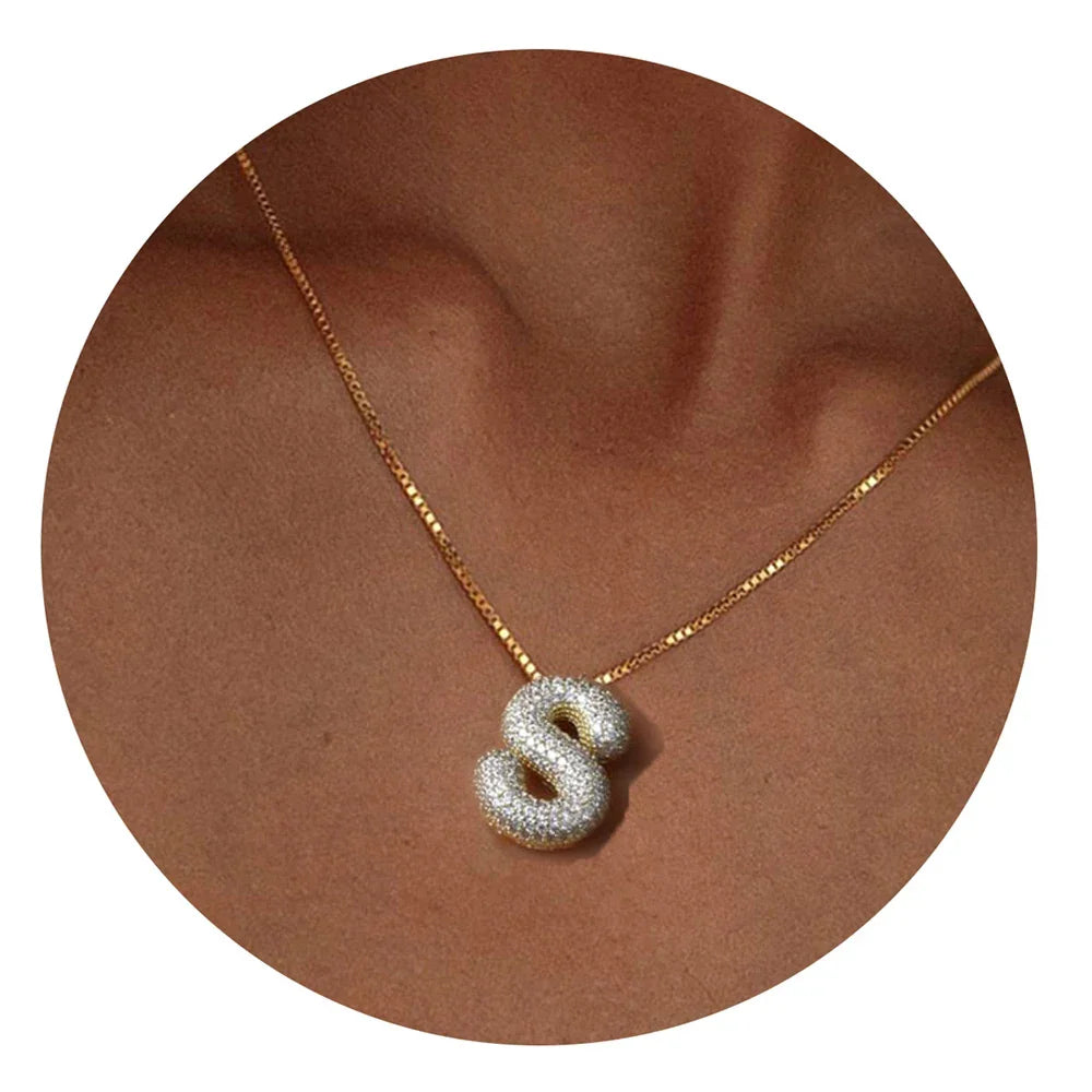 Femlion CZ Bubble Letter Necklace - Initial Alphabet Balloon Collar Jewelry