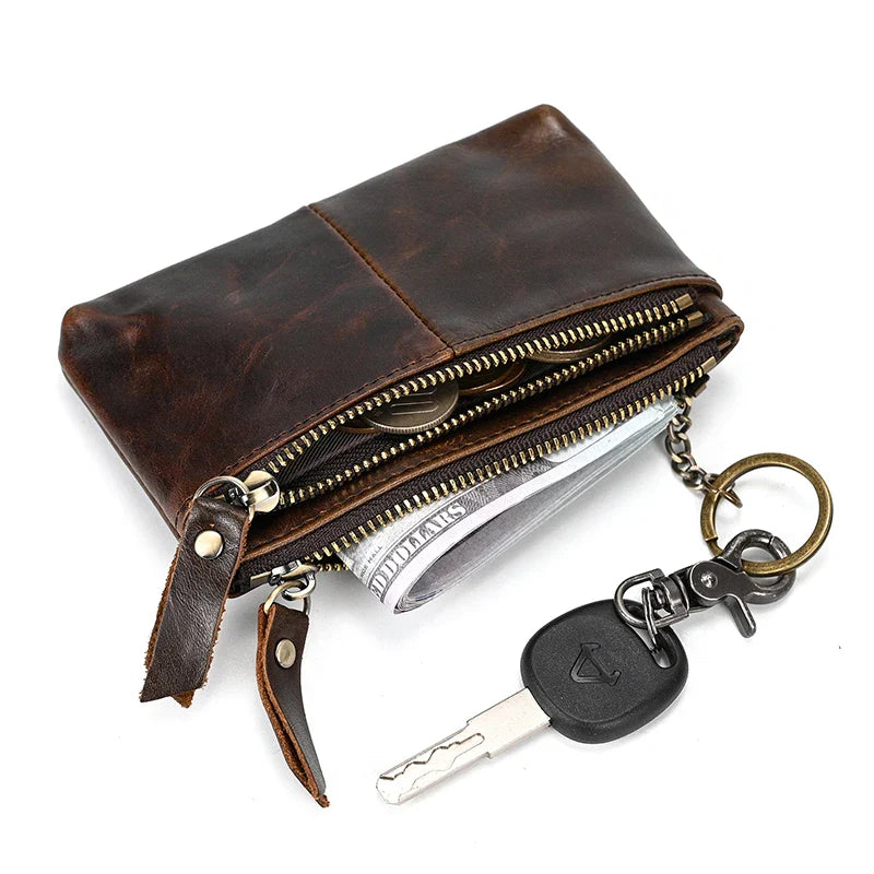 Femlion Leather Coin Wallet with Key Ring: Small Zipper Purse for Euro Coins