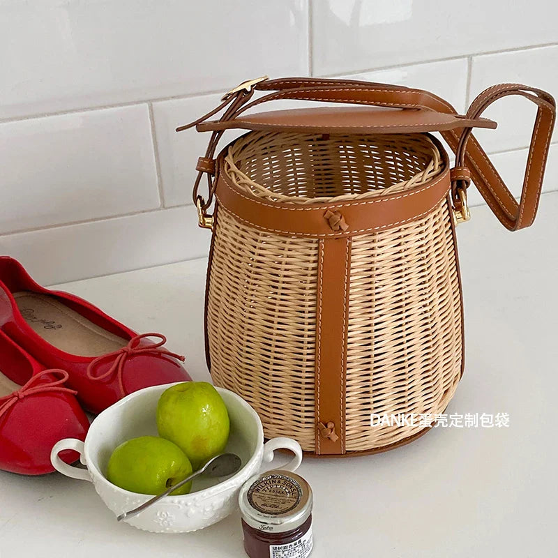 Femlion Bamboo Woven Portable Picnic Vegetable Basket Bag