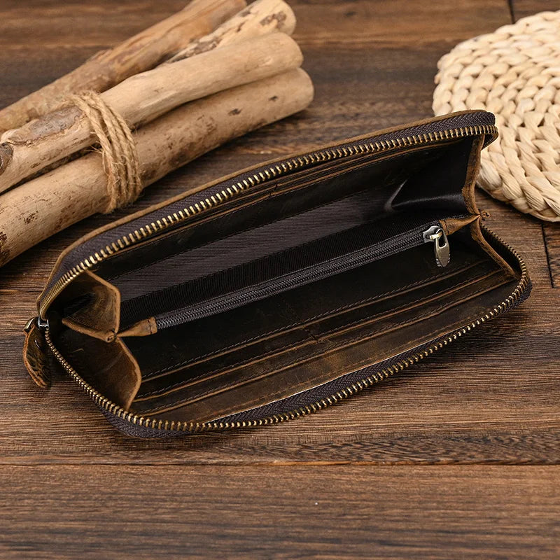 Femlion Men's Leather Zip Wallet: High Quality Natural Cow Skin Credit Card Holder