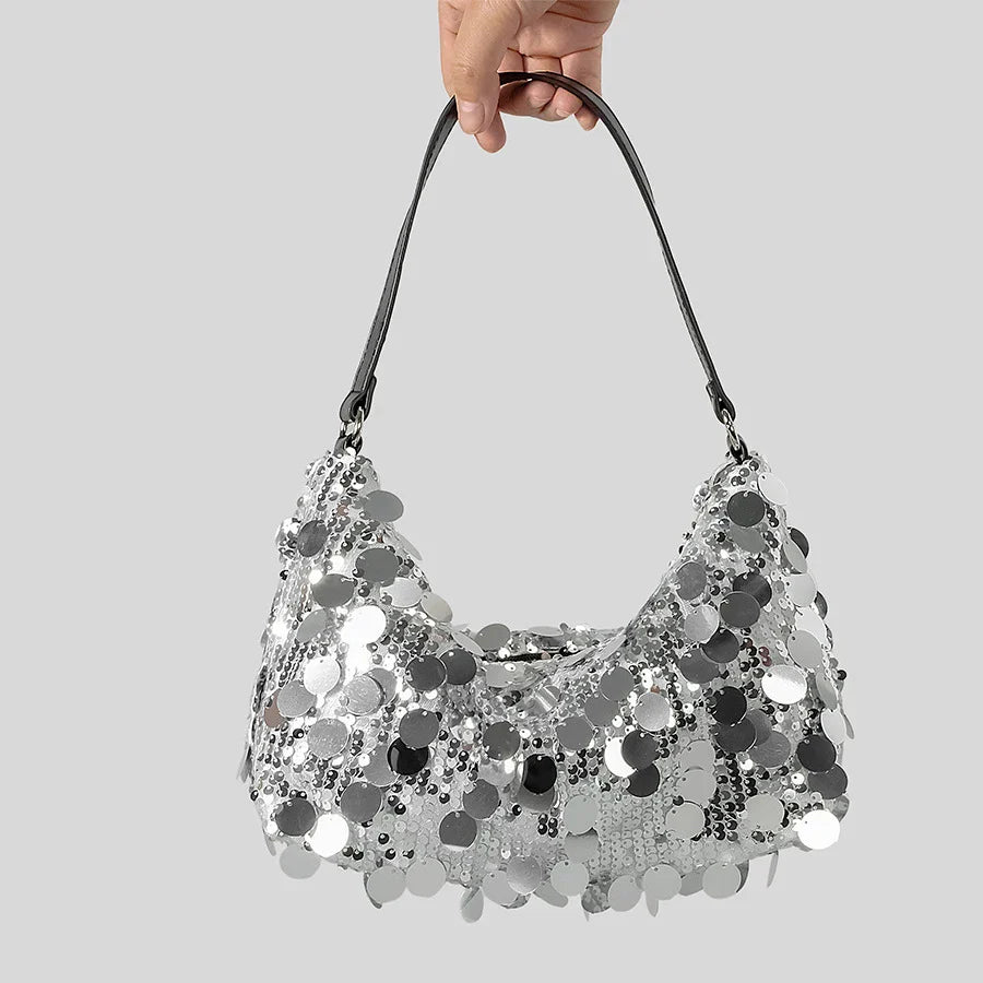 Femlion Sequins Half Moon Shoulder Bag Silver Crossbody Luxury Handbag