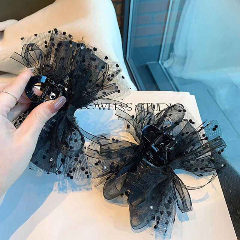 Femlion Black Lace Big Bow Hair Clip for Women and Girls - Double Sided Claw Clamp