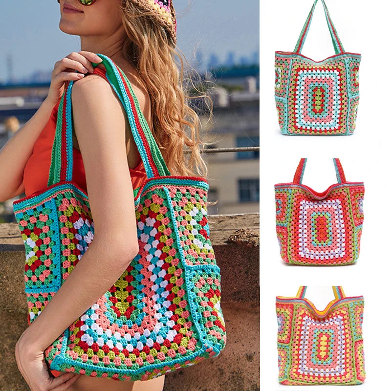 Femlion Bohemian Crochet Paisley Women Shoulder Bag - Handmade Large Tote for Casual Style