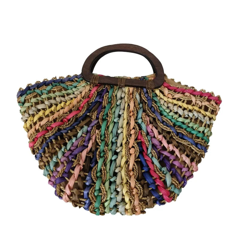 Femlion Rainbow Half Round Straw Handbag