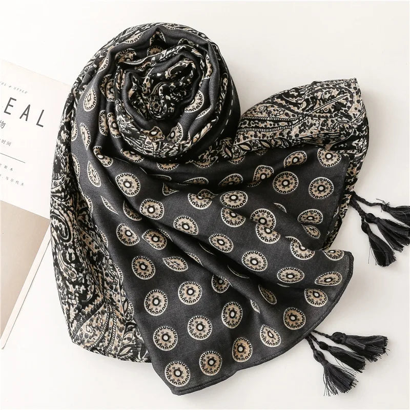 Femlion Spotted Leopard Print Tassel Scarf Shawls - Soft Linen Cotton Luxury Foulard Femme