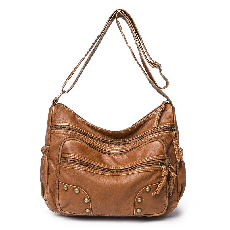 Femlion Vintage Soft Leather Crossbody Bag with Rivet Detail