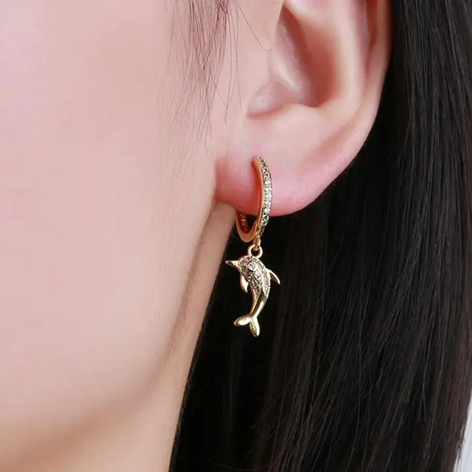 Femlion 18K Gold Plated Dolphin Geometric Diamond Earrings