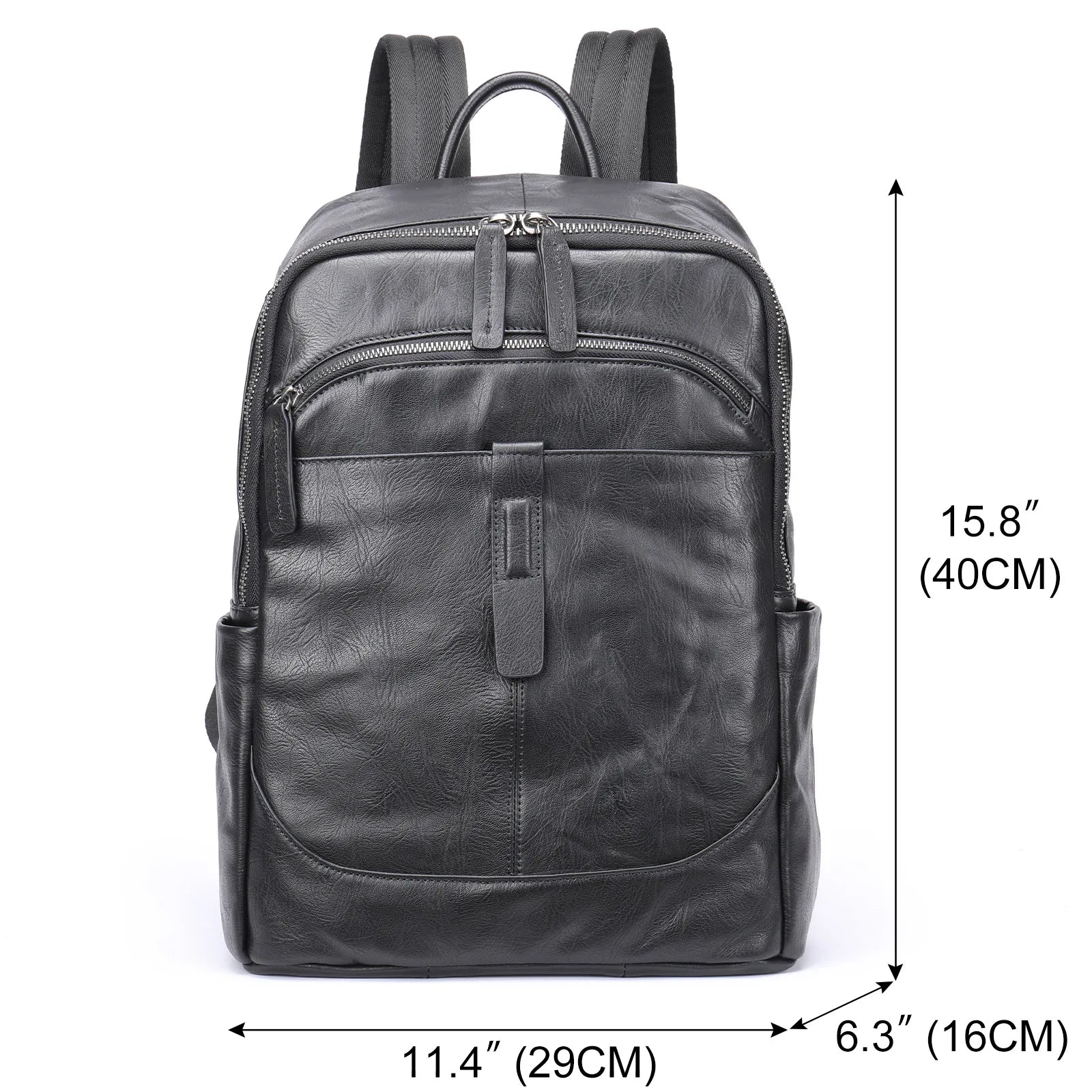 Femlion Black Leather Men's Backpack: Casual Travel Daypack for 14" Laptop