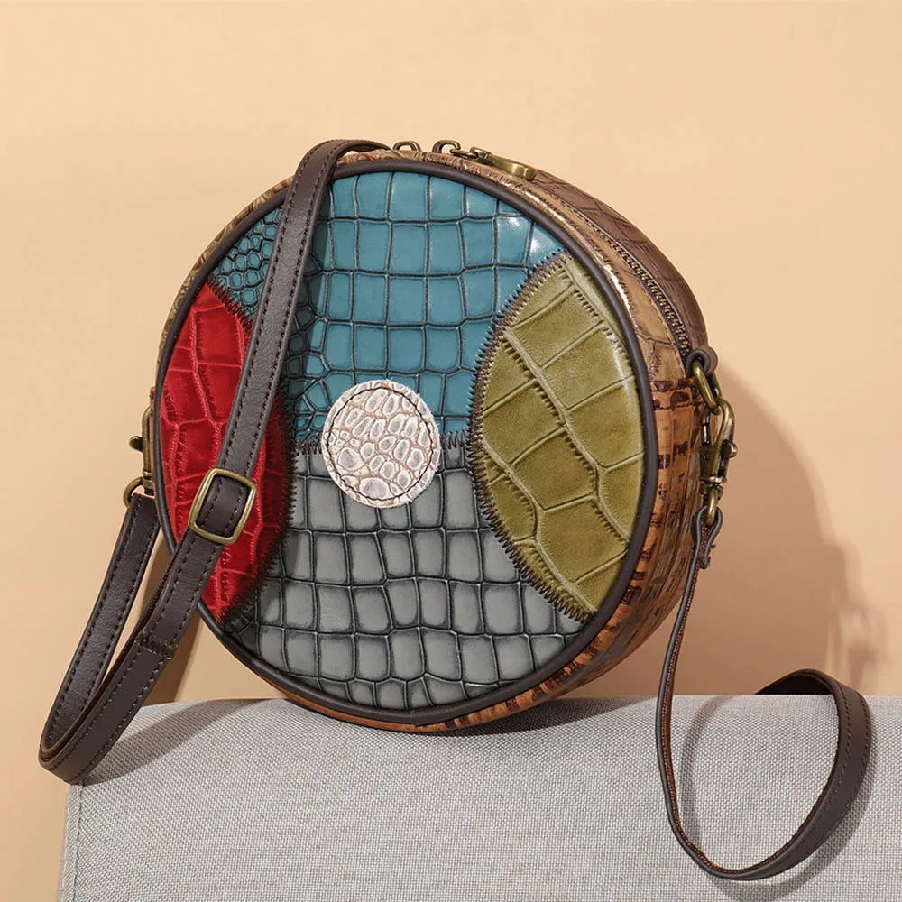 Femlion Round Patchwork Leather Women's Crossbody Bag