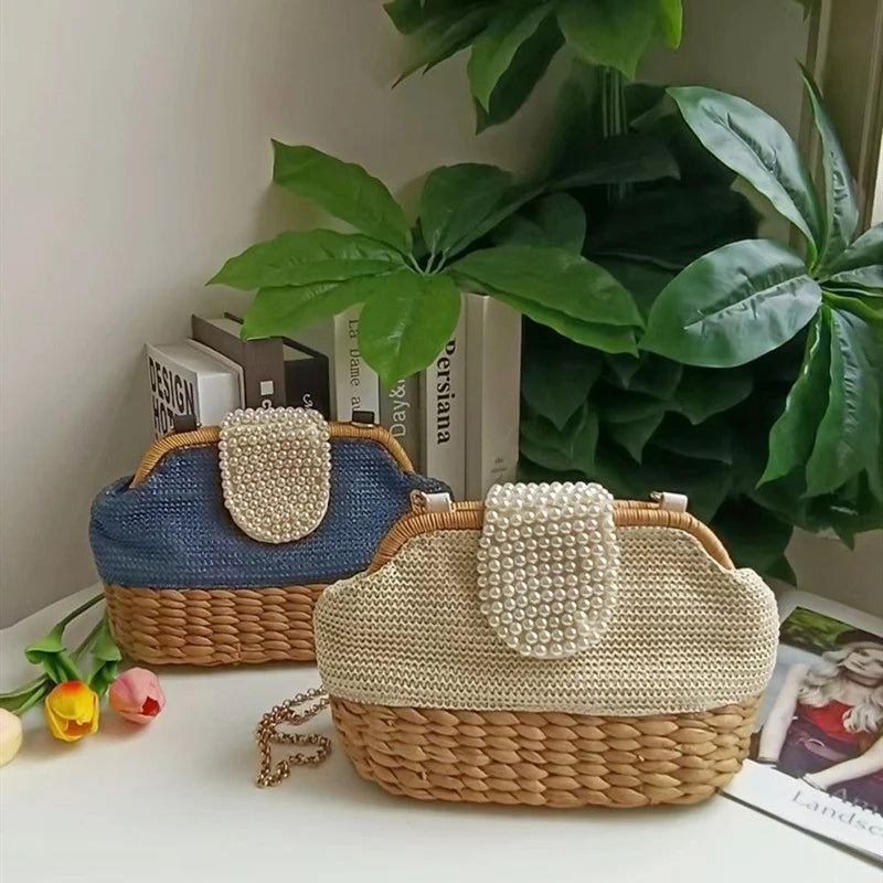 Femlion Chain Grass Weaving Pearl Bag