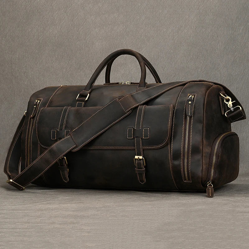 Femlion Vintage Leather Men's Travel Duffle Bag for Business Trip