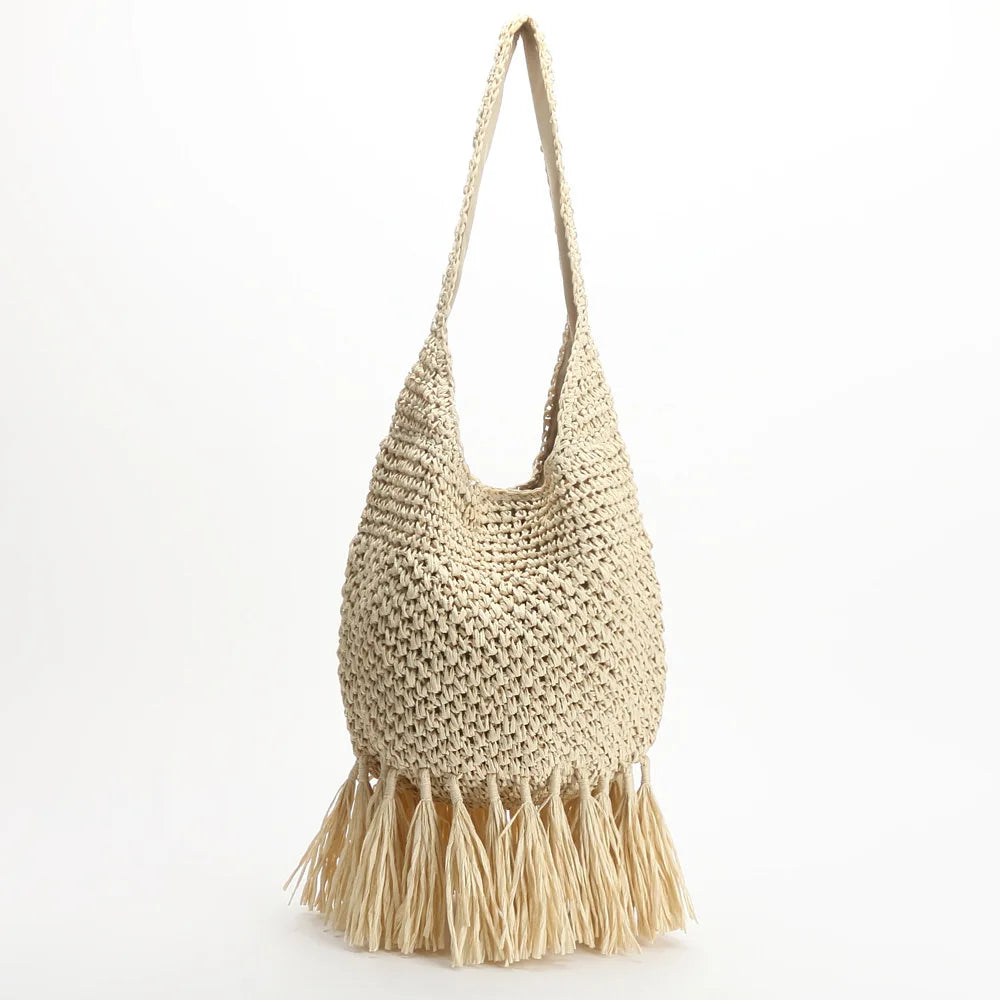 Femlion Beach Handbag Woven Rattan Straw Shoulder Bag Tassel Messenger Women