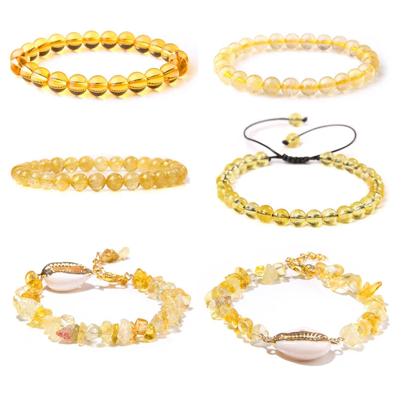 Femlion Yellow Citrine Beaded Bracelets Natural Stone Fashion Jewelry Women Healing Reiki