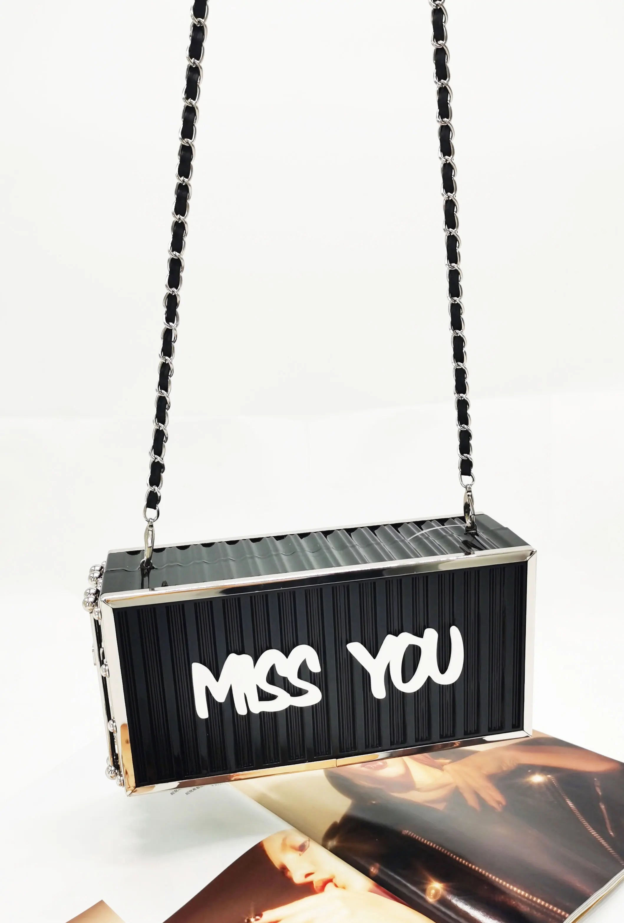 Femlion Acrylic Box Handbag with MISS YOU Letter Flap and Shoulder Strap