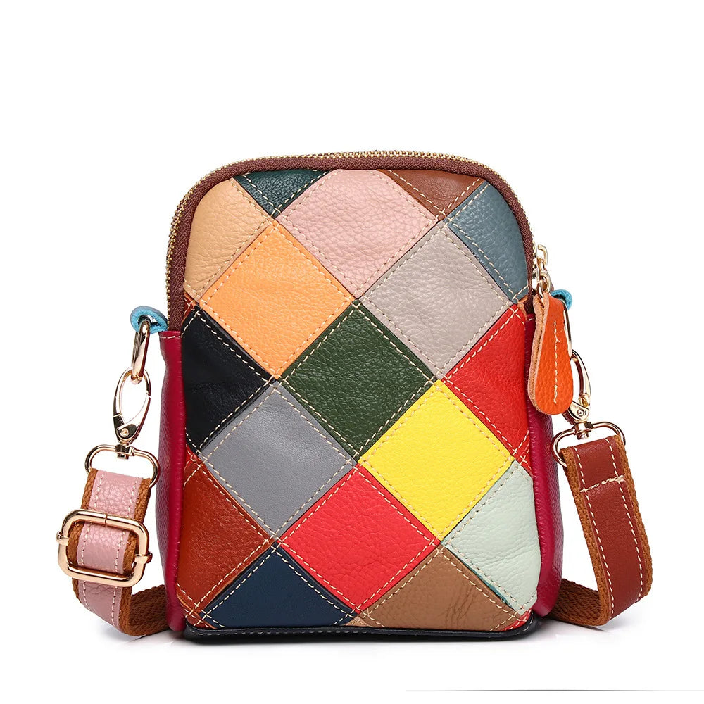 Femlion Patchwork Leather Crossbody Phone Bag for Women