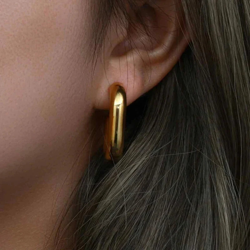 Femlion Chunky Hoop Earrings - Gold Plated Stainless Steel C-Shaped Thick Hoops