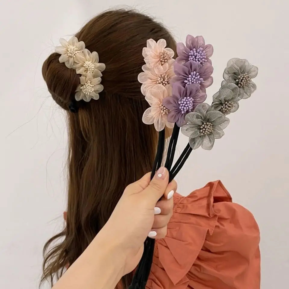 Femlion Elegant Chiffon Flower Bun Maker for Women - Sweet Korean Hairstyle Tool