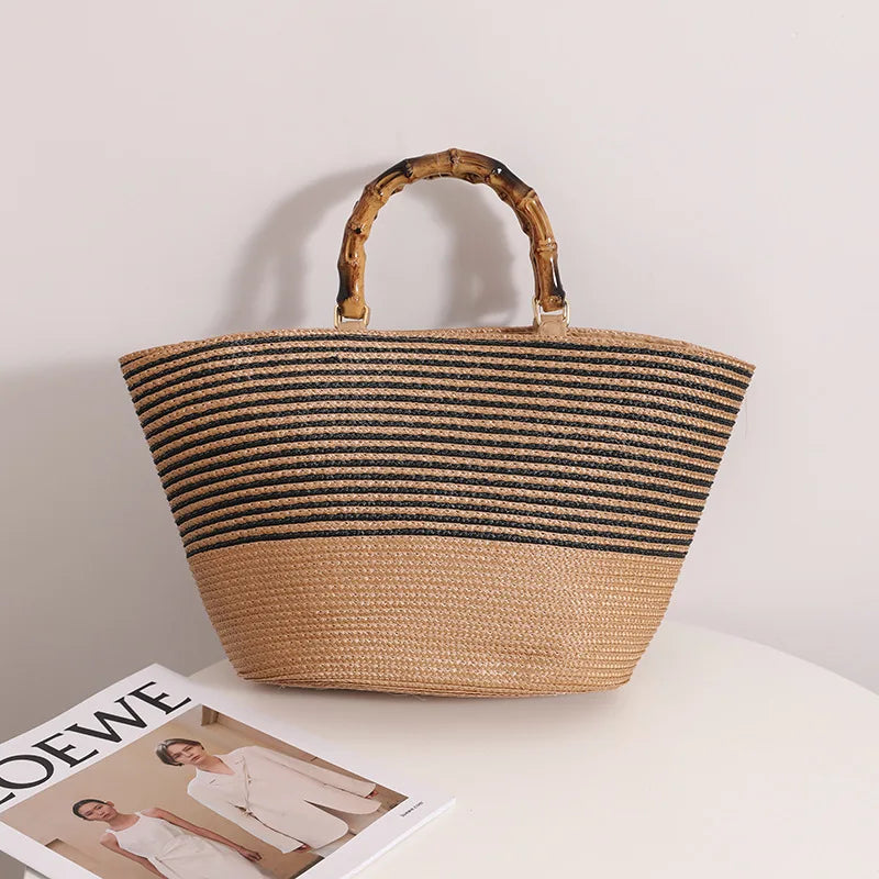 Femlion Striped Straw Woven Handbag - Large Capacity Bamboo French Retro Basket Bag