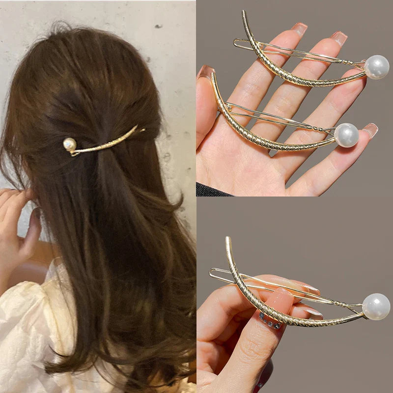 Femlion Geometric Pearl Hair Clip Spring Frog Buckle Hairpins for Women Girls