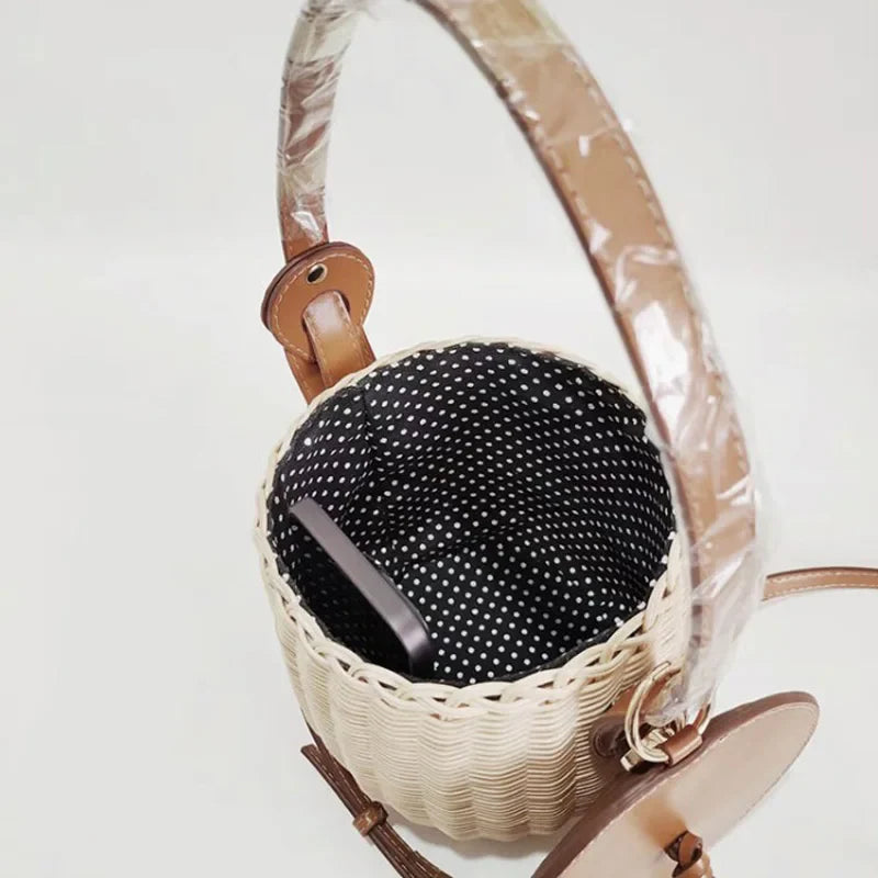 Femlion Rattan Bucket Bag: Hand-Woven Shoulder & Handheld Purse