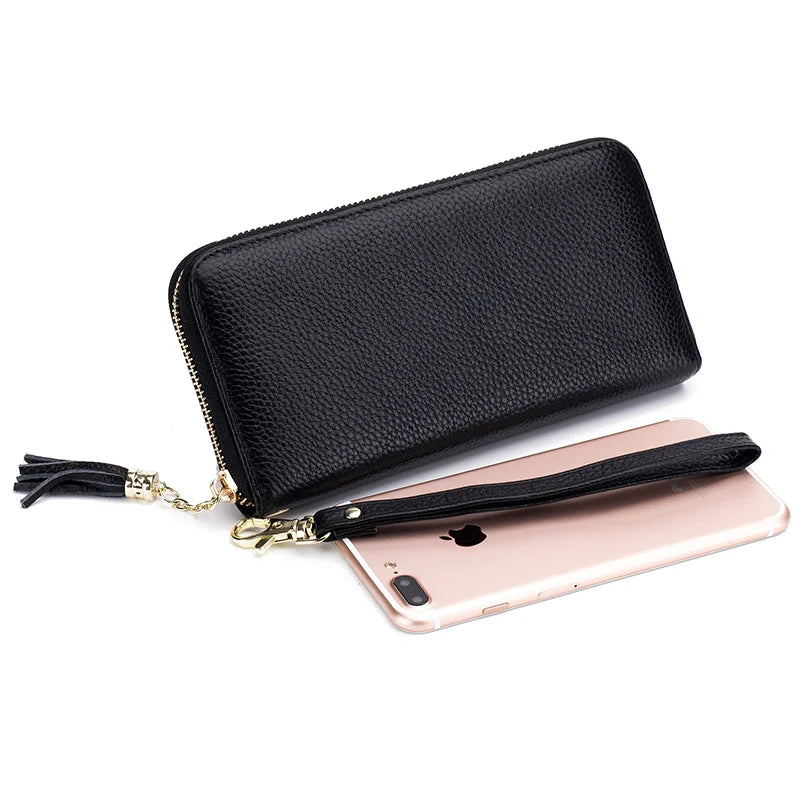 Femlion Tassel Long Wallet: Genuine Leather Women's Clutch with RFID Card Slots