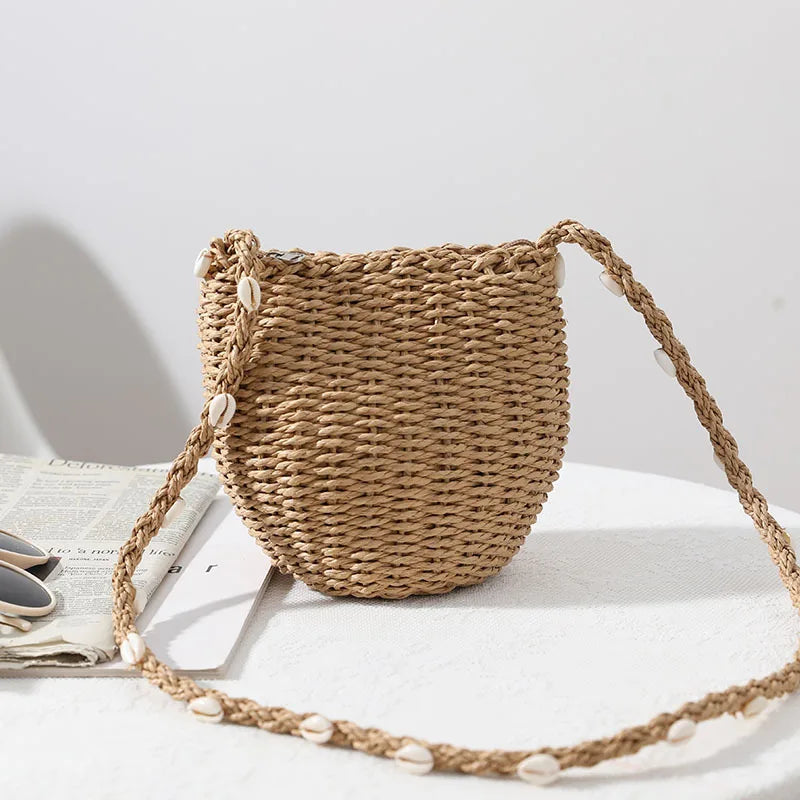 Femlion Seaside Shell Straw Bag Women 2021 Beach Vacation Woven Messenger Crossbody