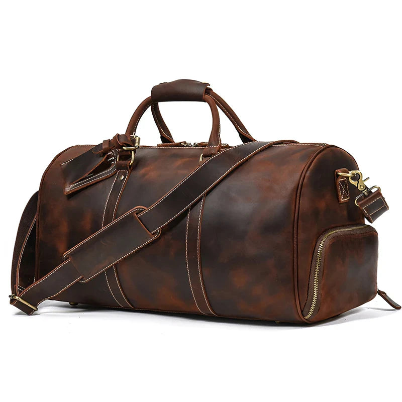 Femlion Vintage Leather Travel Duffle Bag for Men - Weekend Bag with Shoe Pocket