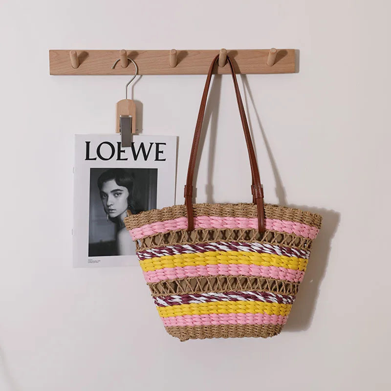 Femlion Vintage Stripe Straw Woven Beach Bag Hollow Out Shoulder Bag