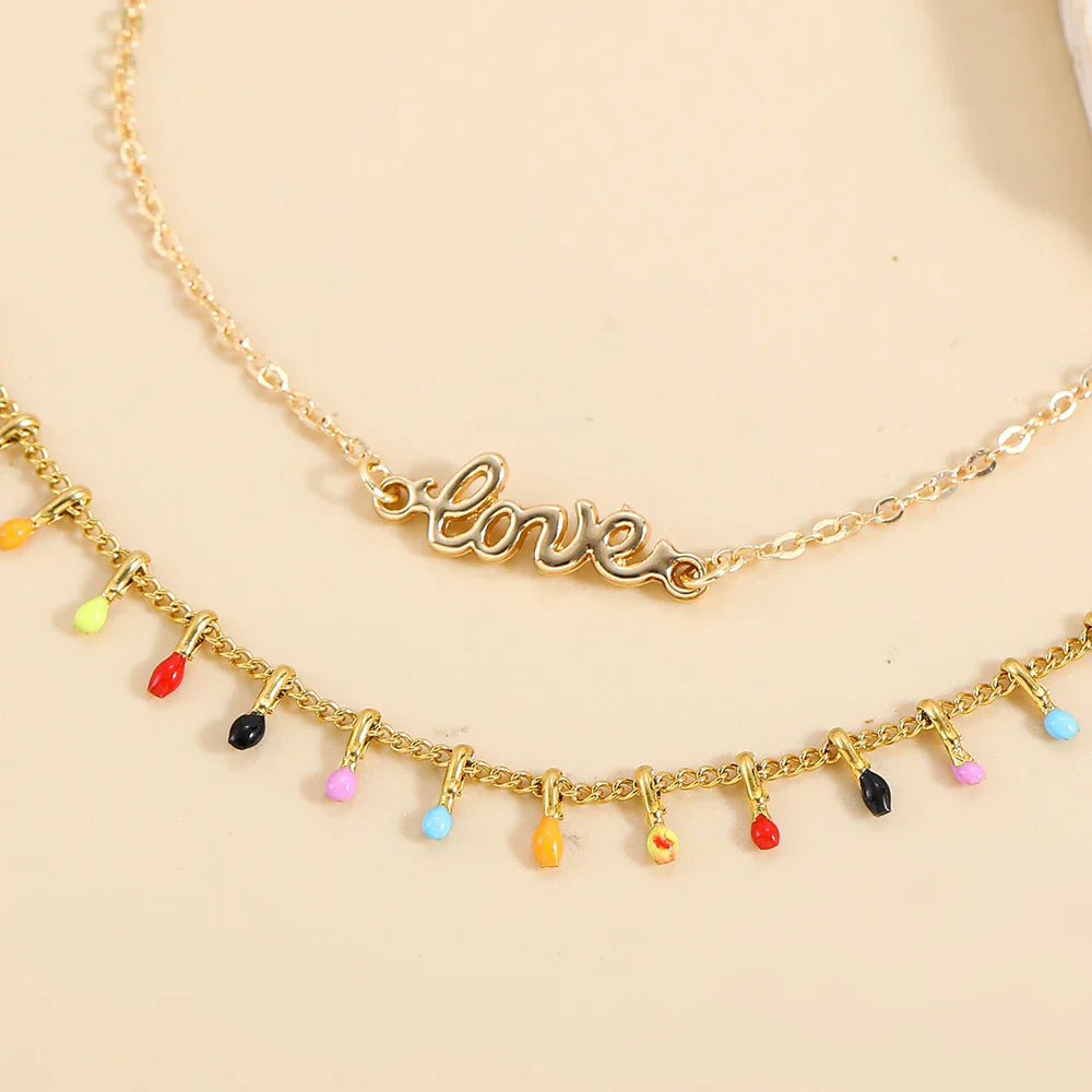 Femlion Bohemian Beaded Chain Anklet with LOVE Pendant, Colorful Gold Summer Foot Jewelry