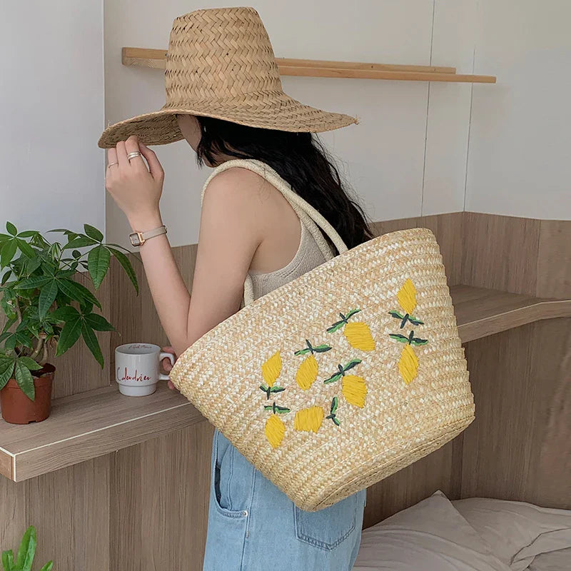 Femlion Lemon Embroidered Straw Woven Bag - Versatile Beach Resort Shoulder Bag