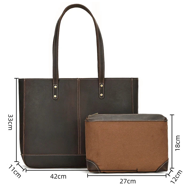 Femlion Leather Business Tote Handbag with Makeup Bag