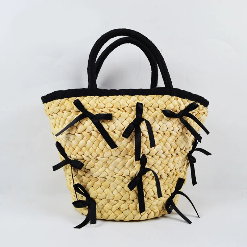 Femlion 2023 Bowknot Straw Bag Ins Beach Handbag