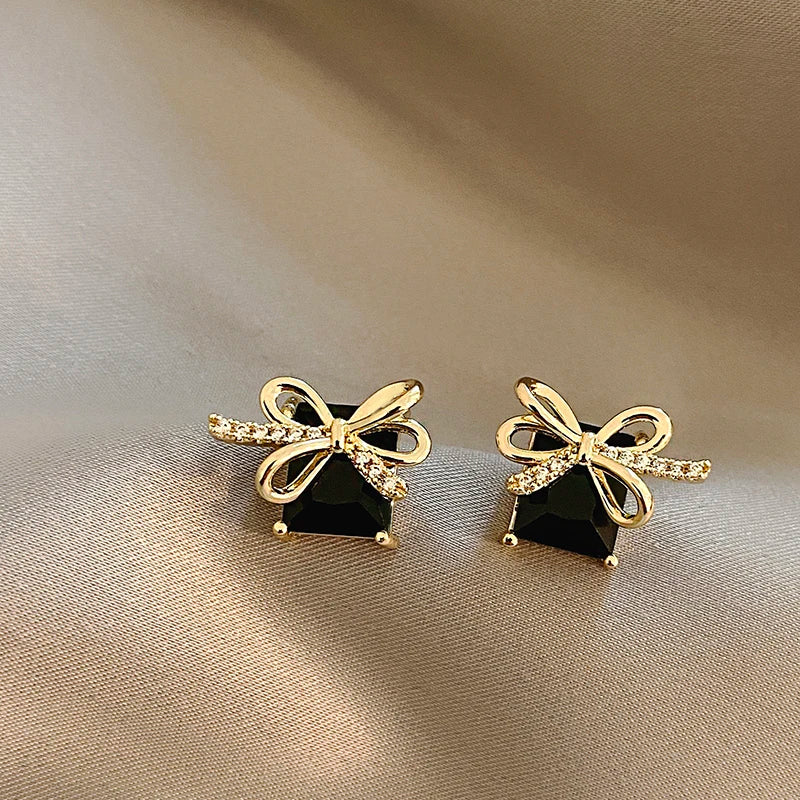 Femlion Black Square Gold Bowknot Zircon Earrings - 2023 Fashion Jewelry