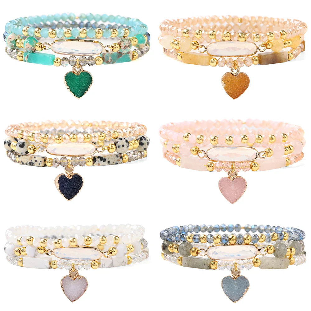 Femlion Heart Charm Crystal Beads Bracelet Set - 3Pcs Natural Stone Bangles