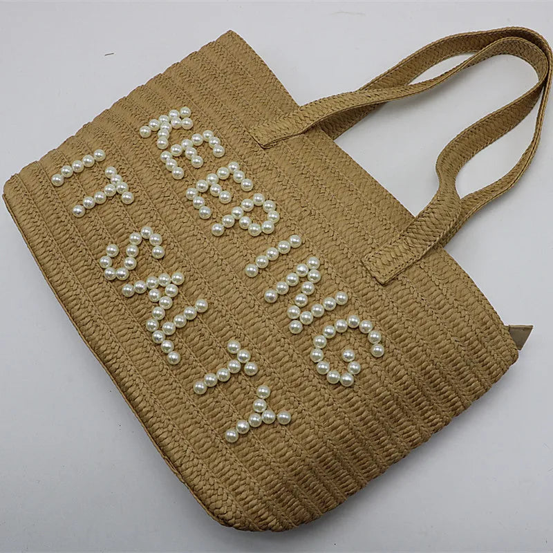 Femlion Pearl Woven Bag Shoulder Straw Fashion Beach Bag Large Capacity