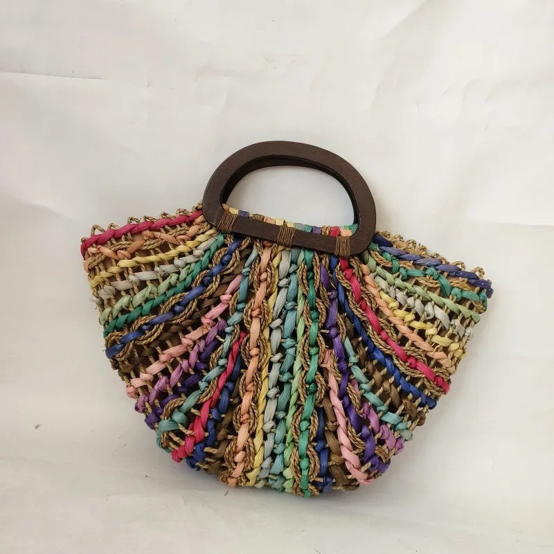 Femlion Rainbow Half Round Straw Handbag