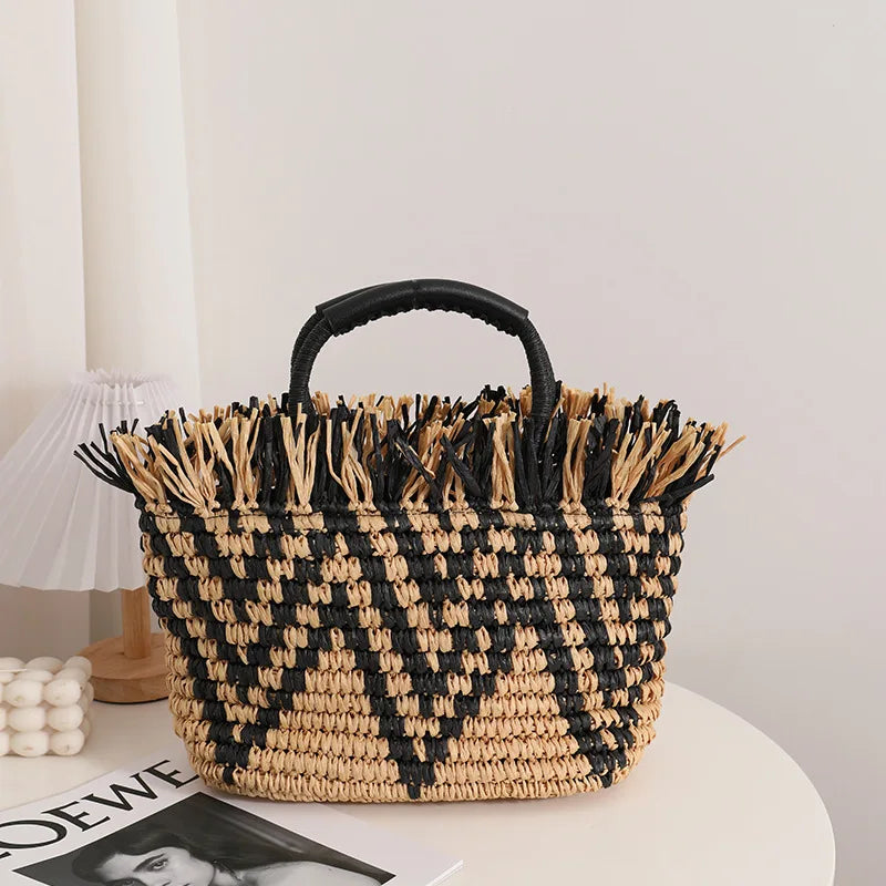 Femlion Retro Straw Bag Tassel Handbag Beach Totes Seaside Holiday Women's Hand-woven