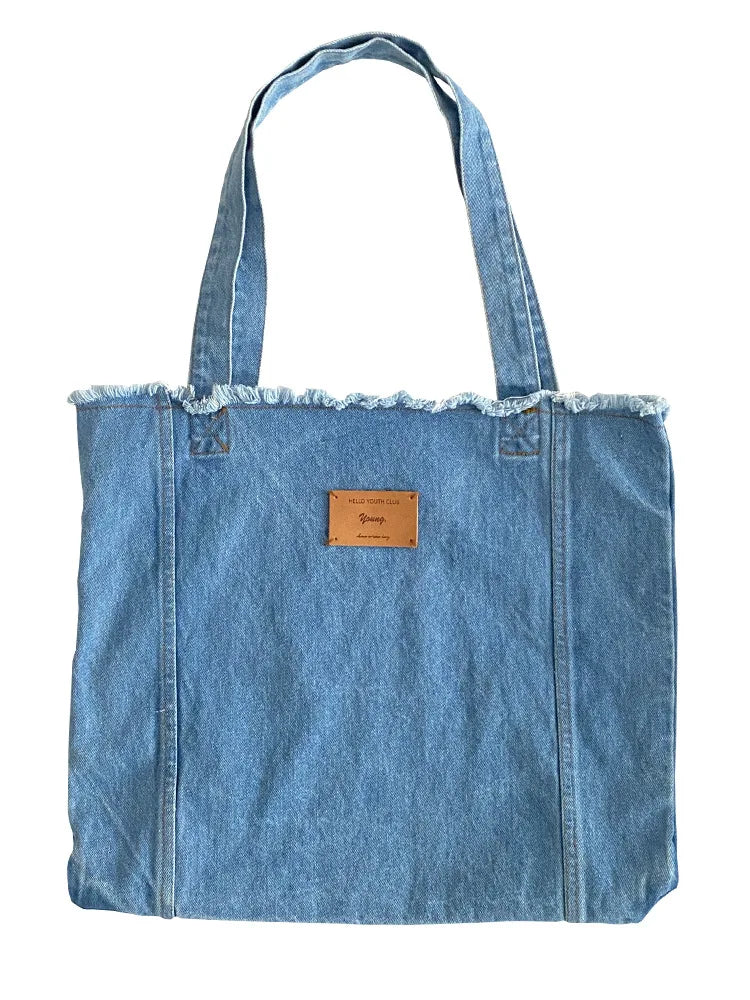 Femlion Denim Shoulder Bag Blue Large Capacity Casual Handbag Tote for Women