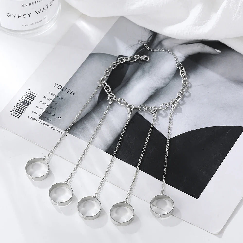 Femlion Punk Silver Chain Bracelet Ring Set for Men Women Hand Harness Jewelry