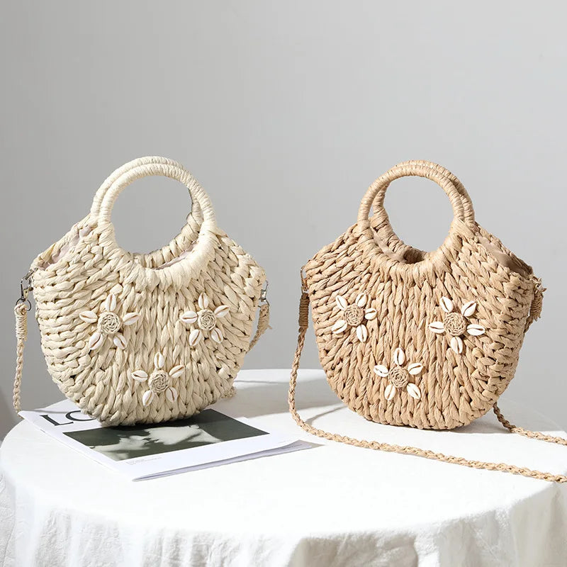 Femlion Retro One-Shoulder Straw Bag - Beach Resort Half-Round Hand-Woven Shell Bag