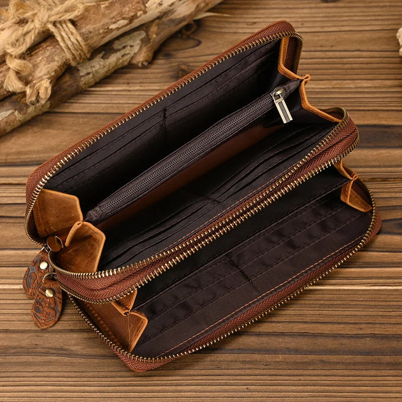 Femlion Genuine Leather Double Zip Clutch Wallet for Men Women