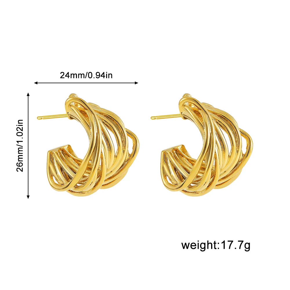 Femlion Multilayer Hollow Texture Hoop Earrings Golden Color C Shape Minimalist Jewelry