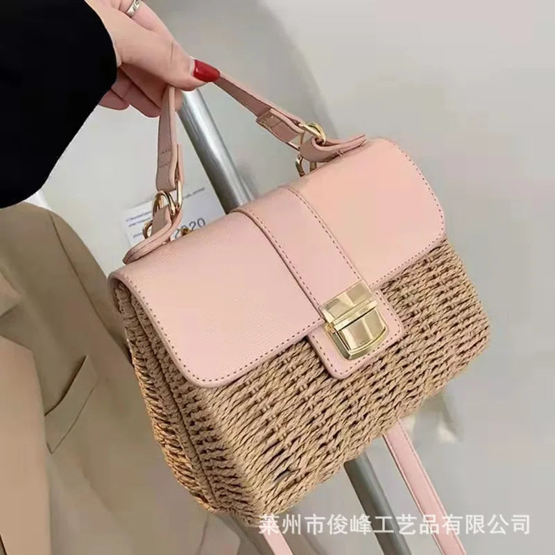 Femlion Bamboo Woven Straw Bag Cover Chain Square Beach Fashion Bag