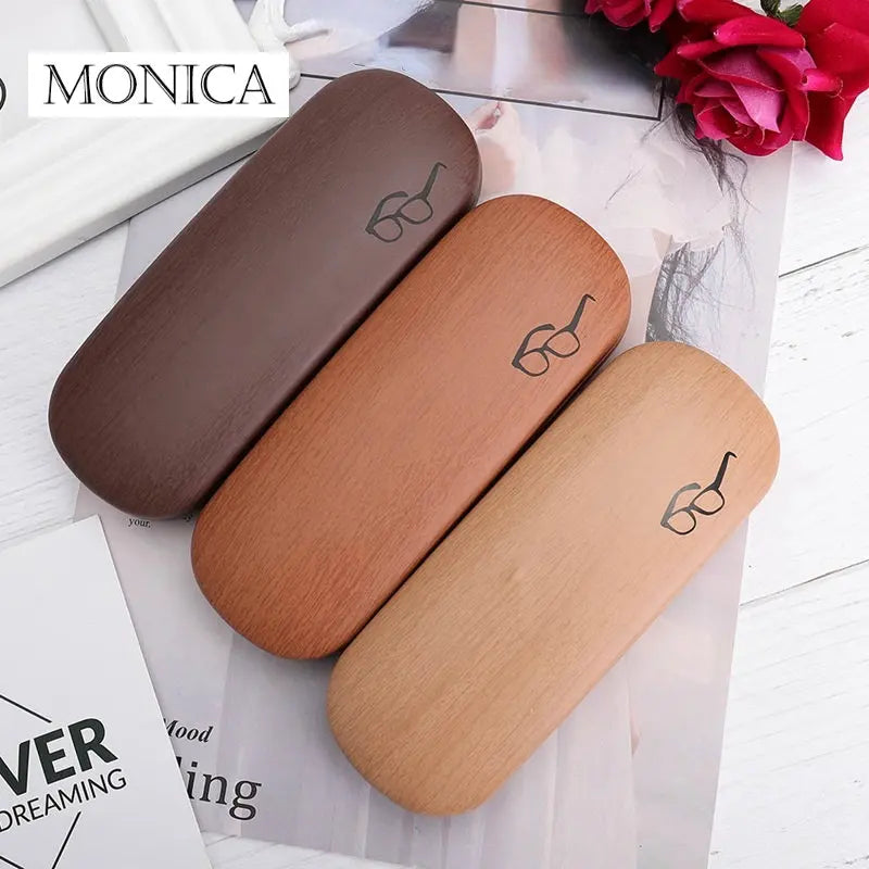 Femlion Wood Grain Hard Kit Holder Metal Eyeglass Case Quality PU Leather