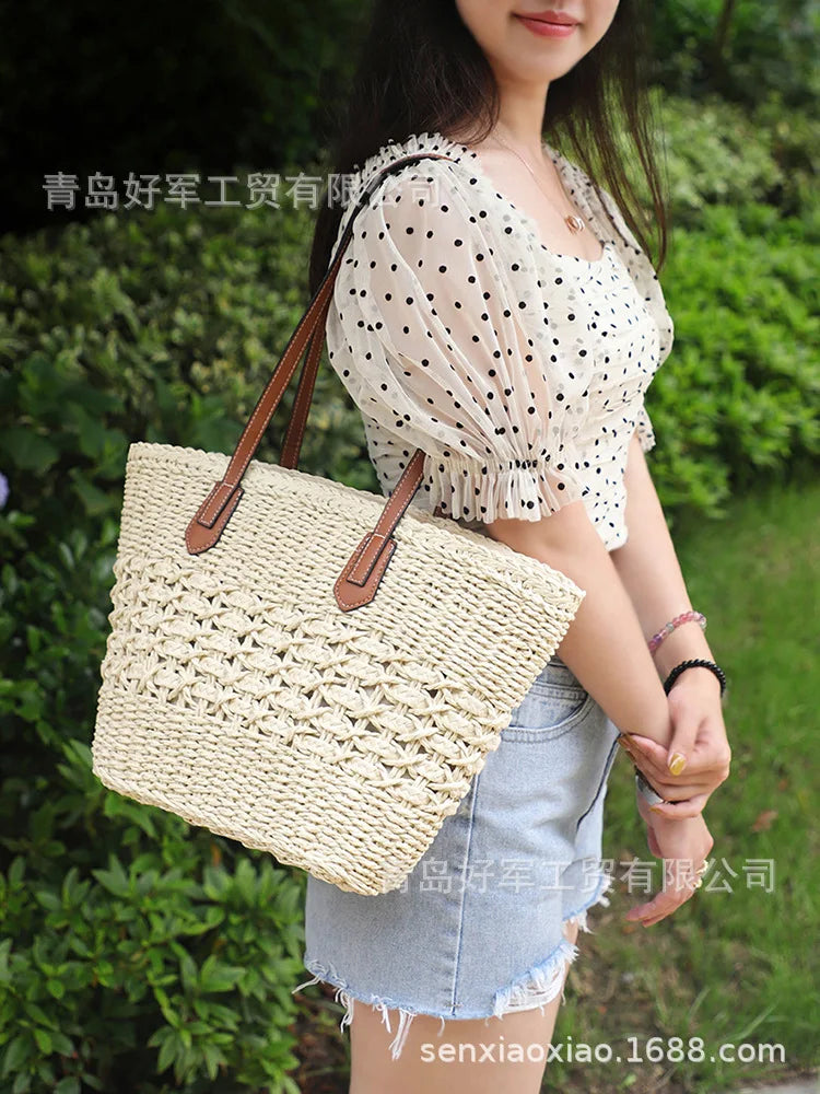 Femlion Paper Rope Straw Woven Beach Bag French Style One-Shoulder Women's Bag