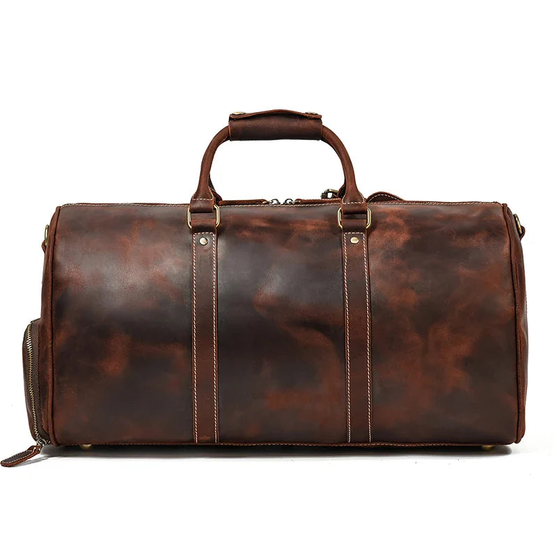 Femlion Vintage Leather Travel Duffle Bag for Men - Weekend Bag with Shoe Pocket