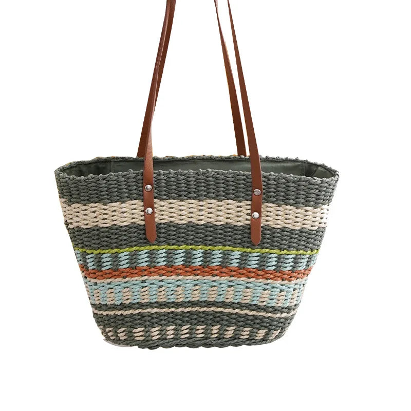 Femlion Striped Straw Bag with Soft Leather Handle Large Tote Basket