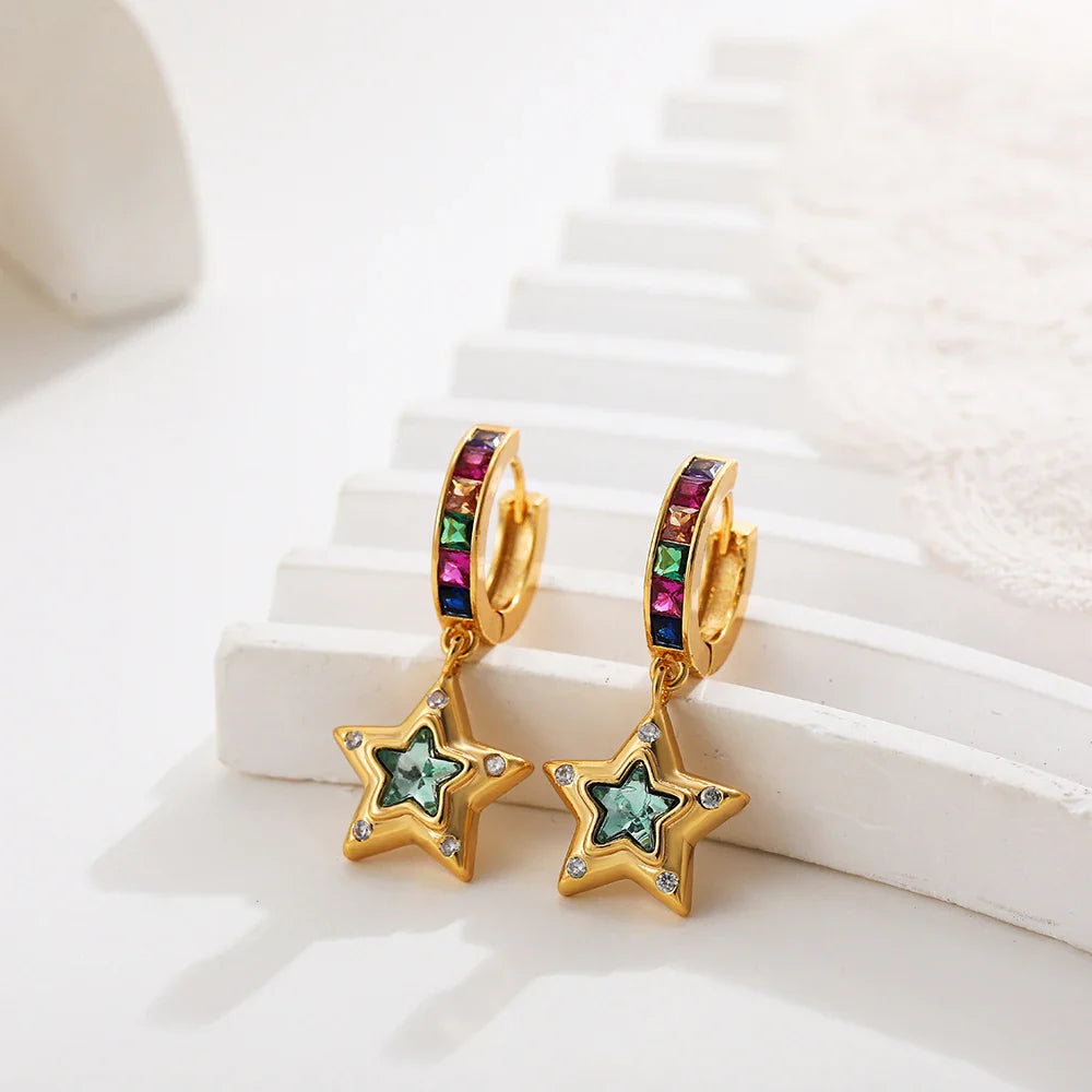 Femlion Colorful CZ Zircon Huggie Hoop Earrings Star Heart Design Fashion Jewelry