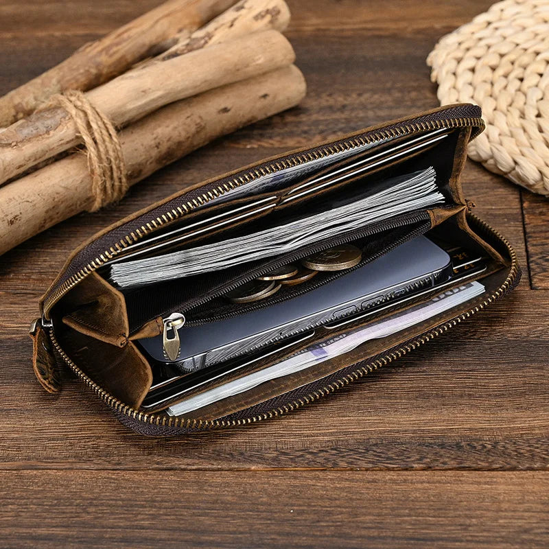 Femlion Men's Leather Zip Wallet: High Quality Natural Cow Skin Credit Card Holder